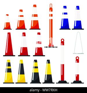 Vector design piatto illustrazione del traffico coni impostare arancione, blu, rosso, giallo, colore nero con strisce riflettenti adesivi. Illustrazione Vettoriale
