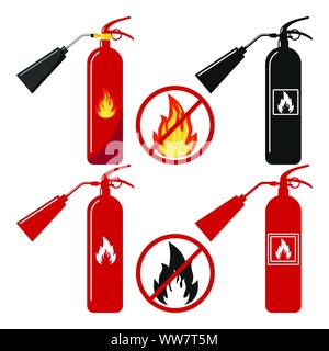 Illustrazione Vettoriale di design piatto set rosso, nero estintore con ugello icona, incendio e nessun segno di fuoco, nessuna fiamma aperta. Illustrazione Vettoriale