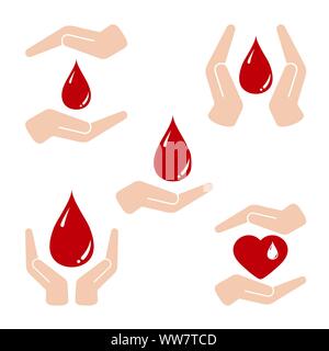 Set di vettore design piatto palmo attorno al rosso sangue drop, il cuore con la goccia di sangue all'interno isolato su sfondo bianco. Illustrazione Vettoriale