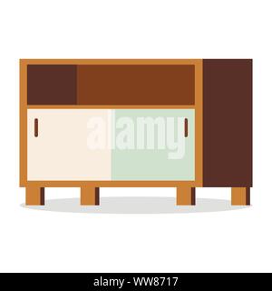 Cassa di legno di cassetti con porte, scaffale - icona mobili isolati su sfondo bianco. Illustrazione Vettoriale