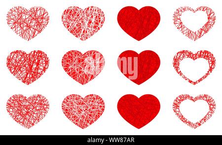 Impostare isolate di cuore rosso icona, simbolo di amore raccolta su sfondo bianco. Illustrazione Vettoriale