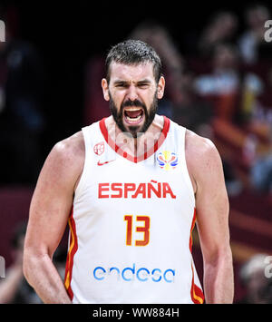 Marc Gasol (Spagna) celebra la vittoria in semifinale contro Australia. Pallacanestro FIBA World Cup Cina 2019 Foto Stock