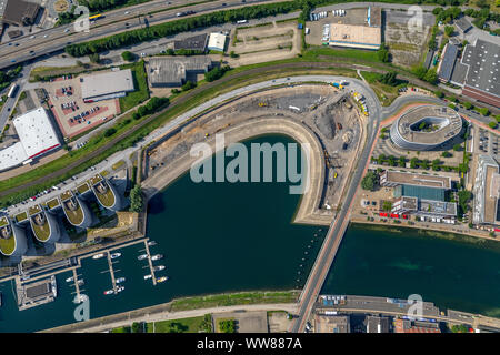 Vista aerea, Am Innenhafen, porta di legno, nave area svolta nel porto interno tra la Marina e la diga di Portsmouth, Techniker Krankenkasse (TK), provvista di Global Solutions Europe GmbH, Duisburg, Ruhrgebiet, Nord Reno-Westfalia, Germania Foto Stock