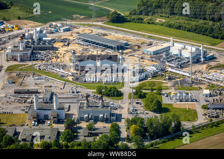 Vista aerea, compressori per gas naturale nella stazione Ehringhausen, open grid Europe, filtro, scambiatori di calore e di sistemi interni di distribuzione del gas, la società erogatrice del servizio di fornitura gas, sito in costruzione, Werne, Ruhrgebiet, Nord Reno-Westfalia, Germania Foto Stock