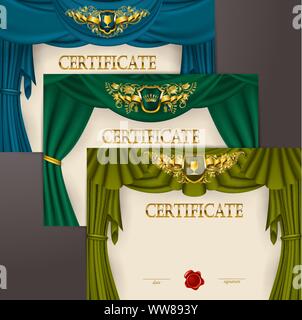 Serie di modelli eleganti del diploma di ornamento in pizzo e nastro di sigillo di cera, protezione corona di alloro, drappeggi tessuto, luogo di testo. Illustrazione Vettoriale