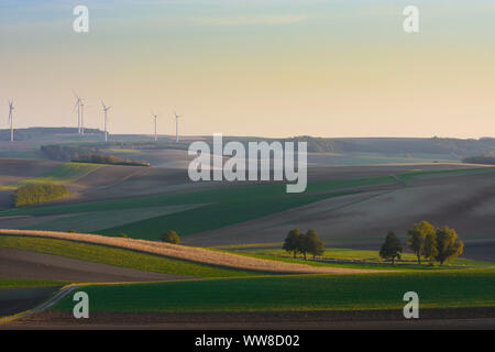 Ladendorf, colline vicino a Leiser Berge, turbine eoliche, campo nel Weinviertel (vino trimestre), Austria Inferiore, Austria Foto Stock