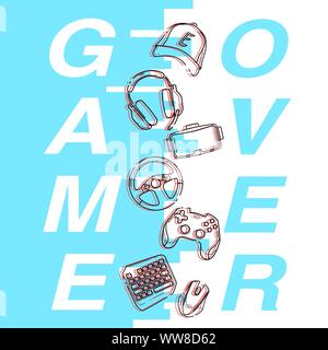 Concetto di Game Over, colore blu e Glitch gioco lineare Gadget icone, esports elementi in un piano verticale per la stampa Illustrazione Vettoriale