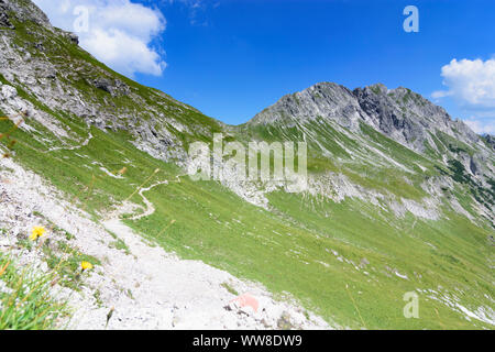AllgÃ¤uer Alpen, percorso di montagna JubilÃ¤umsweg, Naturpark Tiroler Lech, Tirolo, Austria Foto Stock
