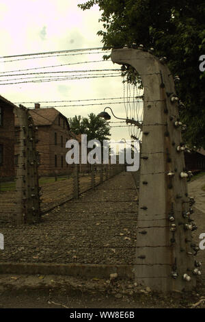 Auschwitz filo spinato recinto di sicurezza intorno al perimetro Foto Stock