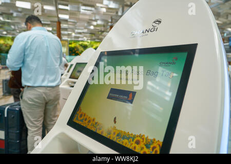 SINGAPORE - circa aprile, 2019: self check-in chioschi all'Aeroporto Internazionale di Changi. Foto Stock