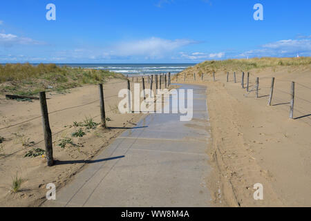 Lontano da dune di sabbia per la spiaggia di Noordwijk aan Zee, mare del Nord, South Holland, Paesi Bassi Foto Stock