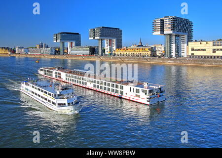 Nave di escursione e il fiume nave da crociera sul Reno di fronte alla gru case in Rheinauhafen, Colonia, nella Renania settentrionale-Vestfalia, Germania Ovest, Germania Foto Stock