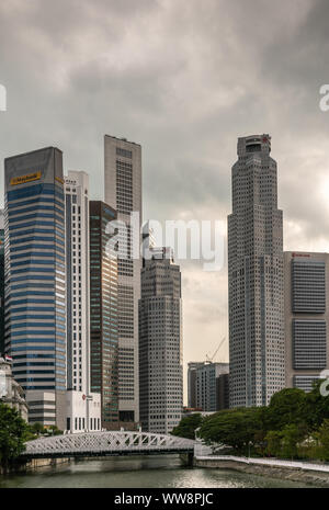 Singapore - Marzo 20, 2019: Bianco Anderson Bridge e alcune torri del quartiere finanziario sotto pesante cloudscape. Alcune foglie verdi su entrambi i lati. Foto Stock