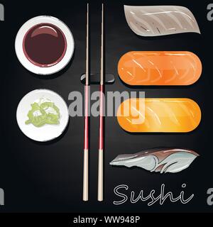 Il nigiri sushi illustrazione su sfondo nero isolato. Vista dall'alto. Illustrazione Vettoriale