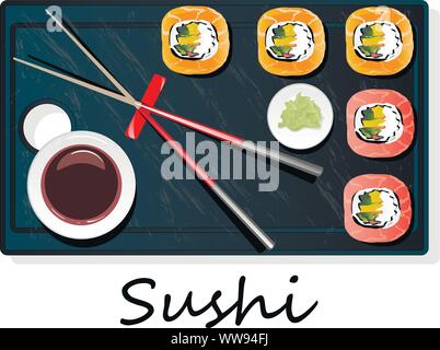 Il Nigiri Sush seti illustrazione isolato. Vista dall'alto. Illustrazione Vettoriale