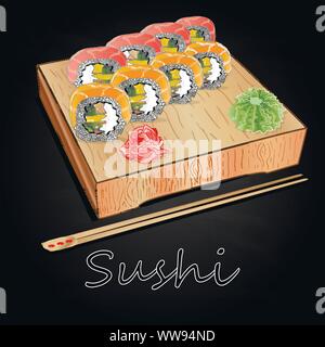 Vari tipi di sushi servita sulla scrivania di legno sfondo nero isolato. Illustrazione Vettoriale