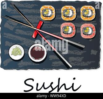 Il Nigiri Sush seti illustrazione isolato. Vista dall'alto. Illustrazione Vettoriale