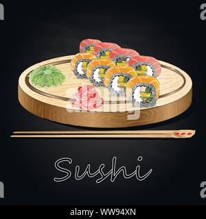 Vari tipi di sushi servita sulla scrivania di legno sfondo nero isolato. Illustrazione Vettoriale