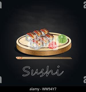 Vari tipi di sushi servita sulla scrivania di legno sfondo nero isolato. Illustrazione Vettoriale
