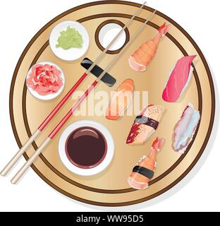 Il Nigiri Sush seti illustrazione isolato. Vista dall'alto. Illustrazione Vettoriale