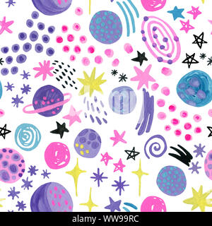 Colorato spazio infantile seamless pattern. Acquerello cartoon pianeti, stelle comete, Galaxy in luminosi colori alla moda. Universo sfondo per scandi nu Foto Stock