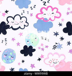 Funny sleeping lune, nuvole, stelle dello sfondo. Disegno ad acquerello del cartoon dreaming moon, cloud star in colori pastello. Vivaio arte picchiettio senza giunture Foto Stock