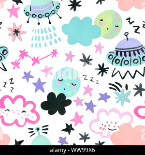 Colorato spazio infantile seamless pattern. Disegni ad acquerello del cartoon pianeti, luna, stelle comete, UFO nel quartiere alla moda di universo Colore sfondo per sca Foto Stock