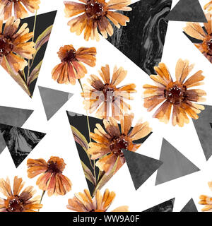 Autunno acquerello fiori e triangoli di marmo seamless pattern. Geometriche forme floreali dello sfondo. Disegnata a mano di colore acqua arte illustrazione per la modalità Foto Stock