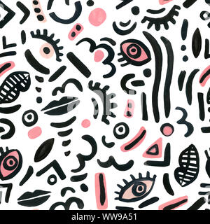 Doodle forme seamless pattern. Abstract bold funky elementi di disegno alla moda arte pop stile. Dipinto a mano ad acquarello sfondo di inchiostro. Illustrazione tecnica Foto Stock