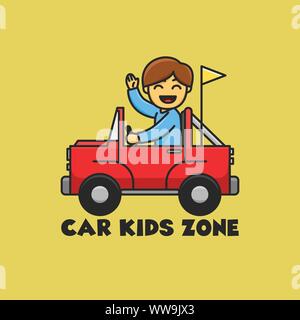 Auto Kids Zone illustrazione buona per logo e badge zona giochi. Contenti i bambini ride auto rossa. Illustrazione Vettoriale