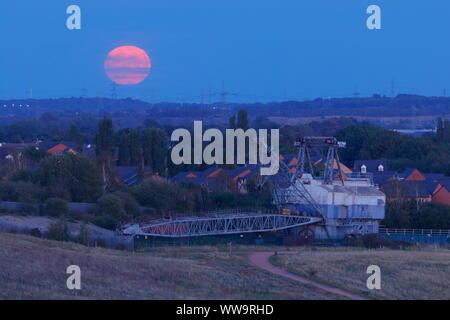 Il raccolto la luna piena di venerdì 13 settembre con Bucyrus Erie conserve di walking dragline a RSPB St Aidan's Foto Stock