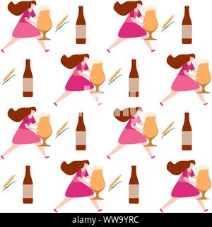 Festive seamless pattern. Illustrazione Vettoriale con persone, birra Boccale da birra, mug, bottiglia, frumento. Birra il concetto di partito. Monaco di Baviera - Festa della birra Oktoberfest. Illustrazione Vettoriale