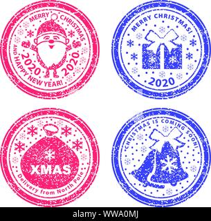 Serie di francobolli del vettore. Babbo Natale a lunghezza piena, sacchetto di Natale, regali e campane di neve. Illustrazione Vettoriale