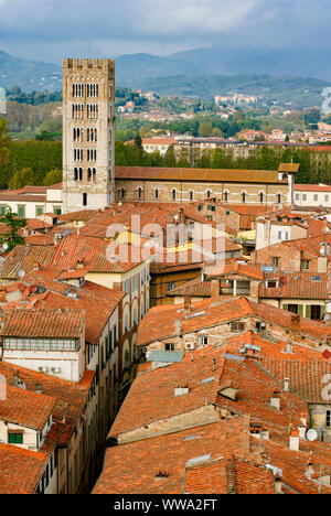 Vista dall'alto di Lucca dalla parte superiore - Italiano tetti rossi paesaggio Foto Stock