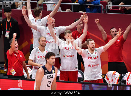 Pechino, Cina. Xiv Sep, 2019. I giocatori di Polonia celebrare durante i giochi di classificazione 7-8 tra gli Stati Uniti e la Polonia al 2019 FIBA di Coppa del Mondo a Pechino, capitale della Cina, il 7 settembre 14, 2019. Credito: Egli Changshan/Xinhua/Alamy Live News Foto Stock