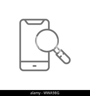 Smartphone con lente di ingrandimento, cerca icona della linea telefonica. Illustrazione Vettoriale