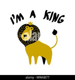 Carino il poster con divertenti cartoon lion e scritte. Vettore di piana illustartion nel quartiere alla moda di colori scandinavi. Illustrazione Vettoriale