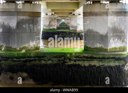 Vista sotto il Tay Road Bridge che mostra il bridge supporta guardando verso Newport-su-Tay, Dundee, Fife, Scozia, Regno Unito Foto Stock