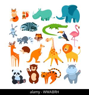Grosso animale set. Raccolta di simpatici personaggi dei cartoni animati isolati su sfondo bianco. Appartamento illustrazione vettoriale. Illustrazione Vettoriale