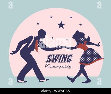 Il ballo di Swing giovane silhouette con stelle e cerchio sullo sfondo. Negli anni quaranta e stile anni trenta. Donna in abito con punti e uomo con bretelle e cravatta. Illustrazione Vettoriale