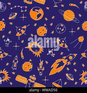 Doodle sky pettern senza giunture. Disegnato a mano gli oggetti dello spazio con elementi di colore arancione su sfondo blu. Illustrazione Vettoriale. Illustrazione Vettoriale