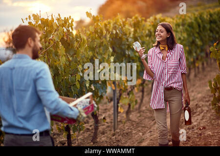 Agricoltura felice donna con vino sul vigneto di autunno Foto Stock