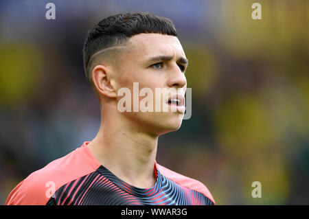 Il Manchester City è Phil Foden prima della Premier League a Carrow Road, Norwich. Foto Stock