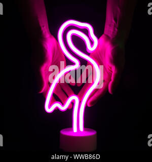 Neon Pink flamingo lampada a LED in mani femminili su uno sfondo nero. Foto Stock