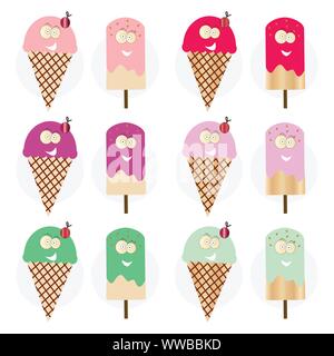 Cartoon sorridente gelati in diversi colori set di vettore Illustrazione Vettoriale
