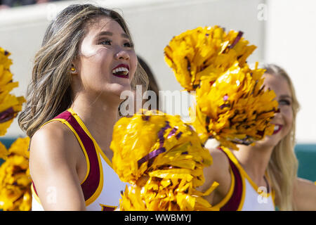 East Lansing, Michigan, Stati Uniti d'America. Xiv Sep, 2019. Un Sun Devil cheerleader esegue per i tifosi durante l'Arizona State's 10-7 vittoria su Michigan State a Spartan Stadium. Credito: Scott Mapes/ZUMA filo/Alamy Live News Foto Stock