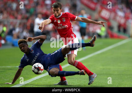 Lisbona, Portogallo. Xiv Sep, 2019. Ruben Dias (R) di SL Benfica vies con Yves Baraye di Gil Vicente FC durante il campionato portoghese partita di calcio tra SL Benfica e Gil Vicente FC a Lisbona, in Portogallo il 7 settembre 14, 2019. Credito: Pedro Fiuza/Xinhua Foto Stock