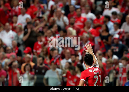 Lisbona, Portogallo. Xiv Sep, 2019. Pizzi di SL Benfica celebra durante il campionato portoghese partita di calcio tra SL Benfica e Gil Vicente FC a Lisbona, in Portogallo il 7 settembre 14, 2019. Credito: Pedro Fiuza/Xinhua Foto Stock