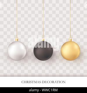 Le decorazioni di Natale. Lucida realistico Natale e Anno Nuovo addobbi per l'albero. Golden bianco e nero vacanza tradizionale realistico palle di Natale. Vect Illustrazione Vettoriale