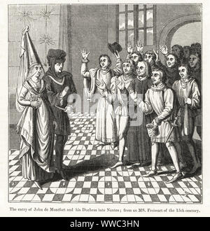 La voce di Giovanni di Montfort e la sua Duchessa, Joanna delle Fiandre, in Nantes, 1341. Xilografia dopo un manoscritto illuminato da Sir John Froissart di Cronache di Inghilterra, Francia, Spagna e Paesi limitrofi, da quest'ultima parte del regno di Edoardo II per la incoronazione di Enrico IV, George Routledge, Londra, 1868. Foto Stock